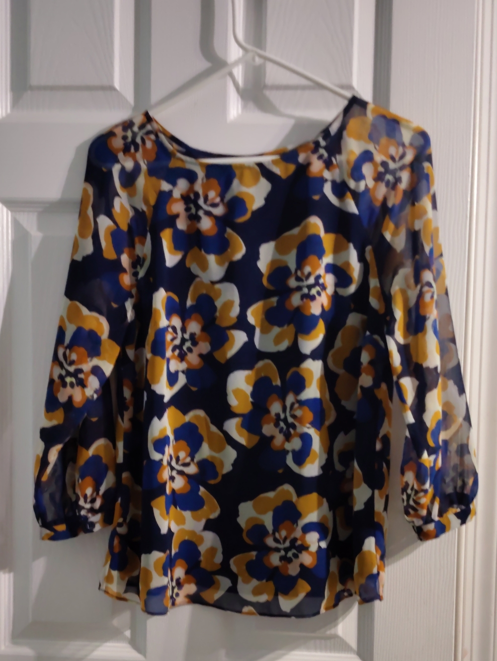 CAbi Navy Floral Sheer Blouse with Blue & Mustard Blooms, Size S